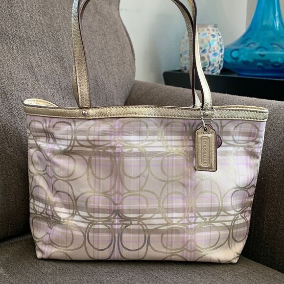Coach tote mini gold and purple plaid NWT - Picture 1 of 12